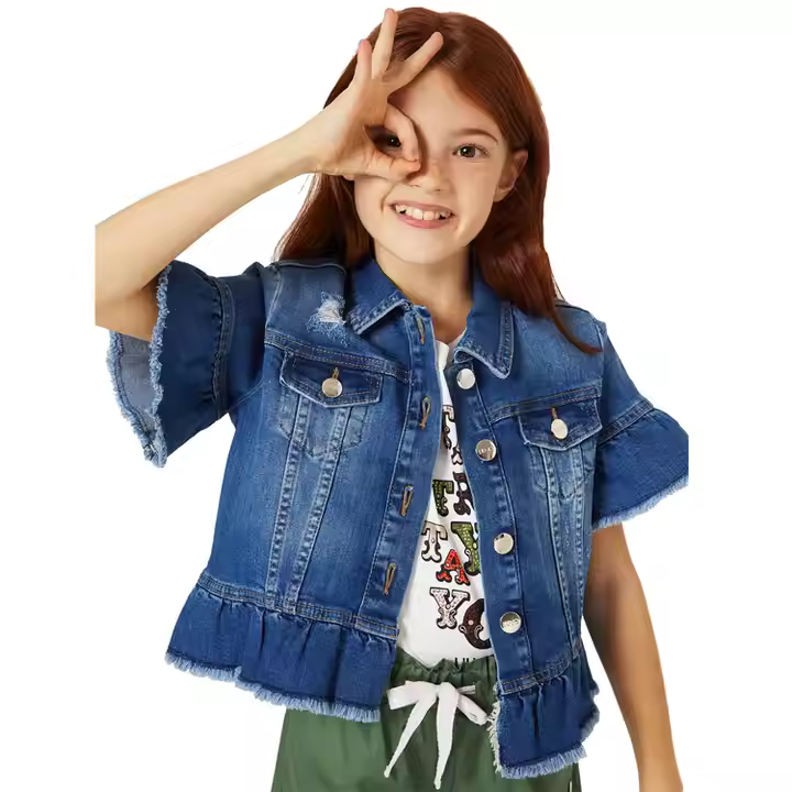2025 New Arrival Children's Girl's Clothing Casual Style Cute Kids Girl Denim Blue Ruffle Short Sleeved Shirt with Button