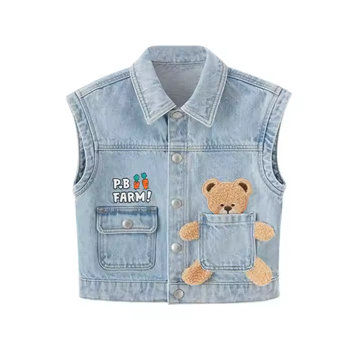 wholesale children boys autumn winter clothing printed embroidery baby jackets&outwears boys bear button denim vests&waistcoats