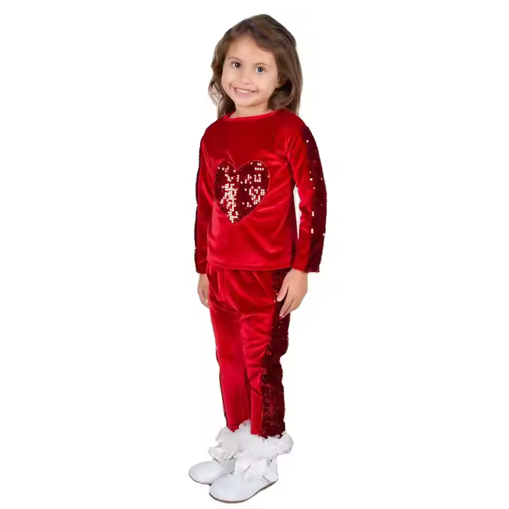 Guangzhou Boutique Fashion Cotton Velour Kids Girls Clothing 1 Set Autumn Girl Clothing Set With Heart Sequin