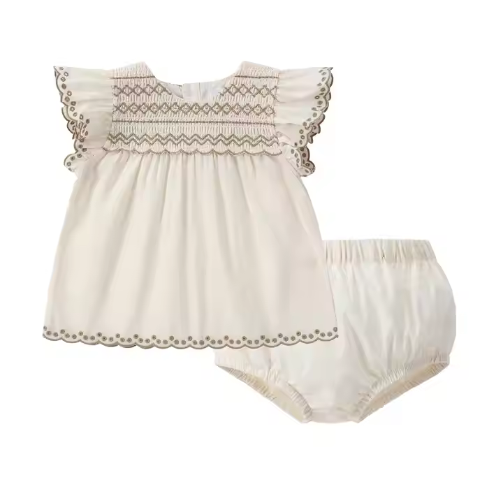 OEM & ODM Summer Casual Girls Clothing 2pcs Embroidery Smocking Dress with Shorts Sizes 3M 2T Casual Summer Suit for Children
