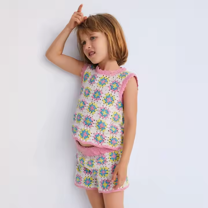 Custom Girls Clothing Set Vintage Style Two-Piece Outfit with Cotton Crochet Knitwear Sweater Vest and Shorts for Summer