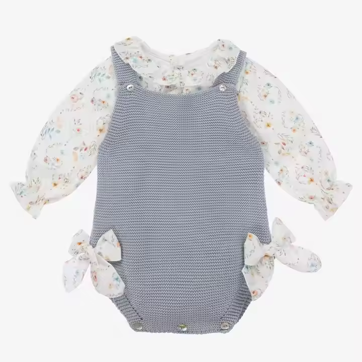 Guangzhou Supplier High Quality Infant Baby Clothing Sets With Floral Top Matching Knit Cotton Romper 2 Pcs Sets