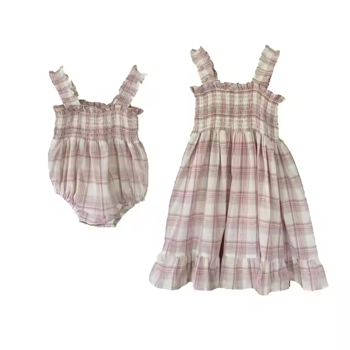 Pink Plaid Kids Match Outfits Big Sister Dress Little Sister Rompers Custom Design Girls Clothing Sets for Summer