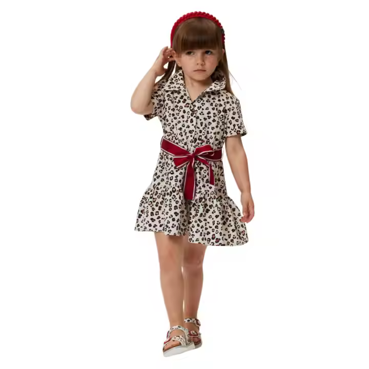 Wholesale Summer Comfortable Boutique Leopard Print with Red Stripe Ribbon Elegant Dailylife Dress for Girls