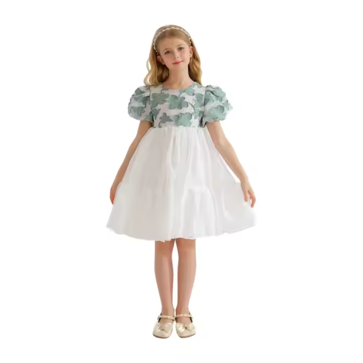 Wholesale Summer Comfortable Boutique Gray Green Flora Embroidery Tulle Dress for Girls Elegant