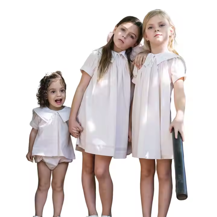 Summer Pink Cotton Pointy Collar Bow Dress Romper Sister Matching Kids for Elegant Dress Family Matching