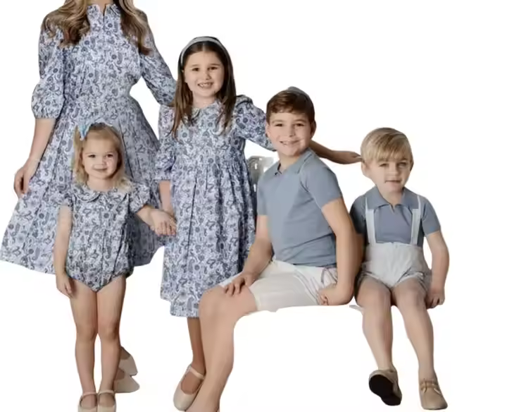 Sister and Brother Paisley Dress and Romper Pants Flora Dress Gray Shirt Jumper Custom Gaoteng Manufacturing Family Matching