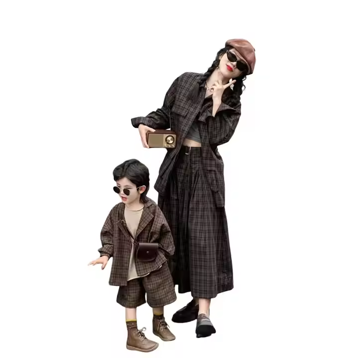 Gingham Grid Shirt Outerwear Family Set With Dress Short Pants Design 2 Pcs Set Custom