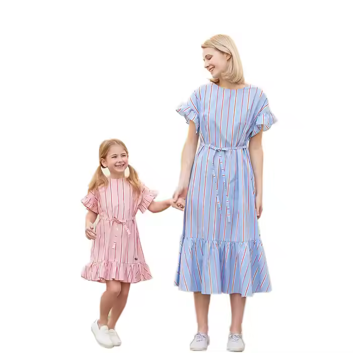 OEM ODM Flared Short Sleeve Stripe Dress for Mommy and Me Mother and Daughter Matching Outfit