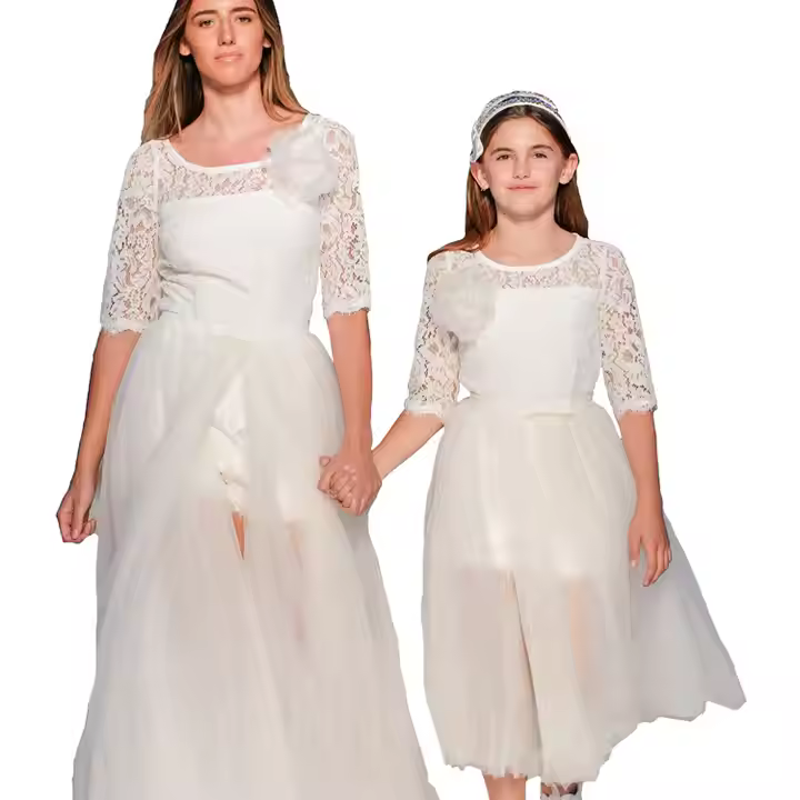 White Lace Mommy and Me Matching Dresses Design Clothing Sets Mommy and Me Maxi Dress