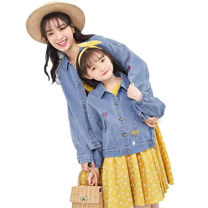 Autumn Mother Daughter Denim Jacket with Long Sleeve Cotton Embroidered and Printed Button Closure Jean Jacket