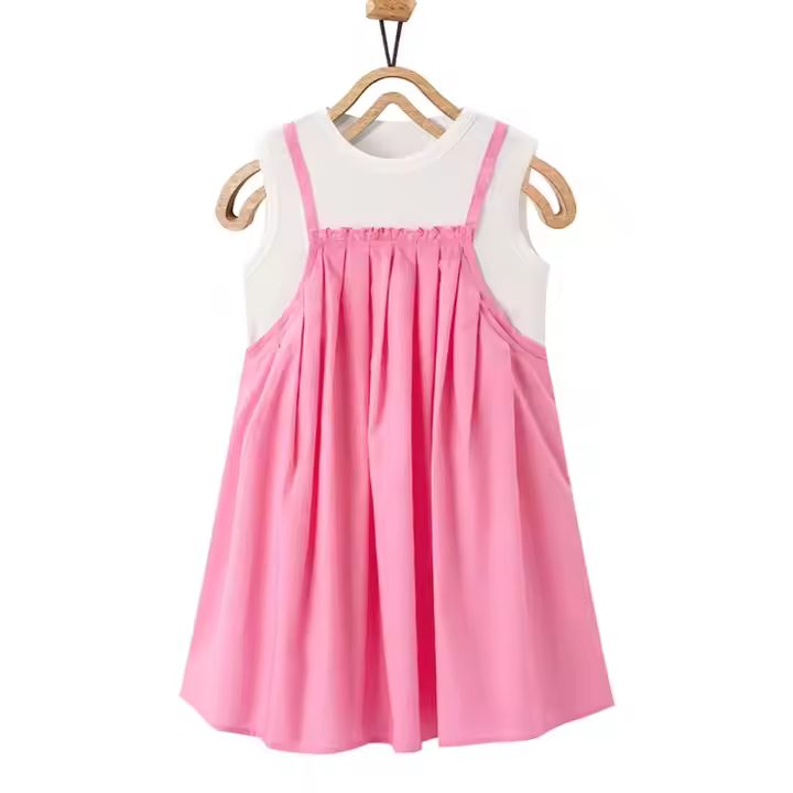 13-Year-Old Girls Formal Party Dress Pink Cotton Sleeveless and Short Sleeve Summer Formal Design Plain Dyed for Girls