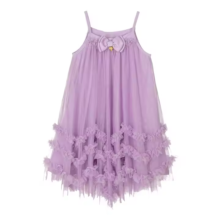 Factory Price Children Purple Prom Dress for 4-12 Year Old Girl Spaghetti Straps Ruffle Tulle Dress Kids Party Dresses 2024