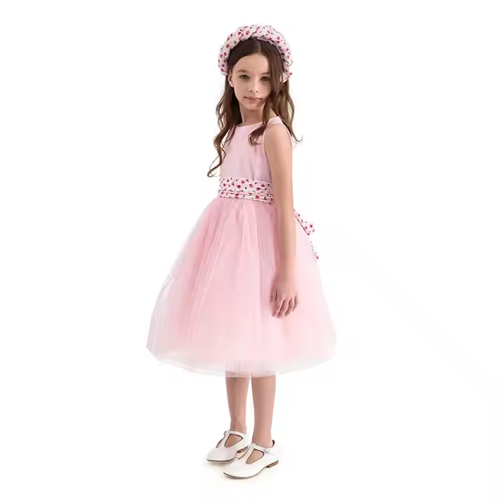 Simple Style Princess Tulle Dress Floral Belt Bowknot Gown Pink Party Dresses for Children Birthday Girls 8-15 Years