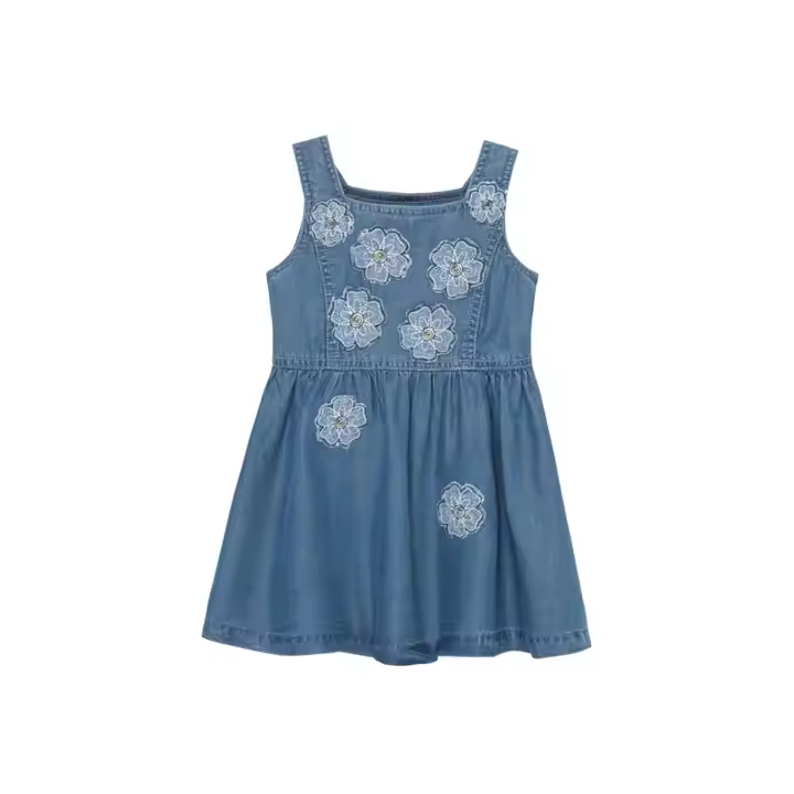 Casual Summer A-Line Denim Jeans Skirt for Women O-Neck Sleeveless With Flower Decoration Sustainable Cotton for Girls