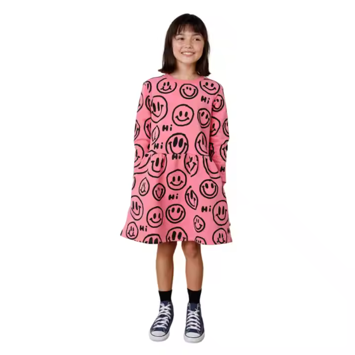 Smile Printing Girls Designer Dress Red Style Knitting Fabric Children Season Autumn and Winter