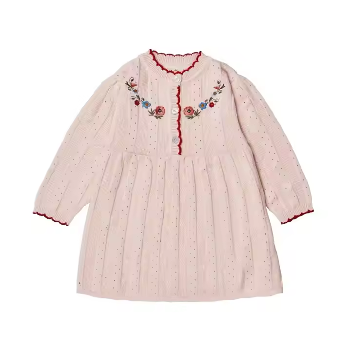 Guangzhou Vendor OEM Children's Clothing Long Sleeve Knit Cotton Dress With Floral Embroidery Casual Winter Dress Girl