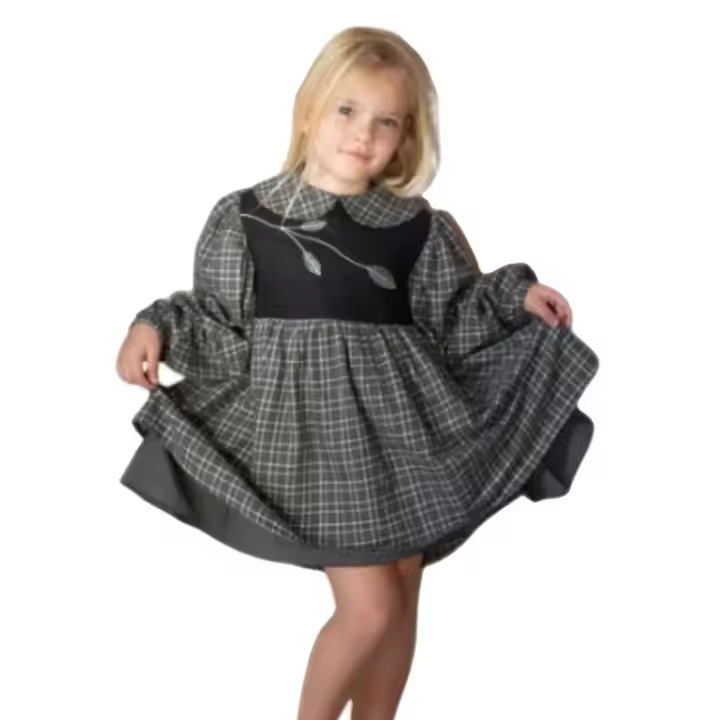 Fall Winter Girl Dress Customized Elegant Style Black and Dark Gray Dress With Plaid Fabric Winter Dress