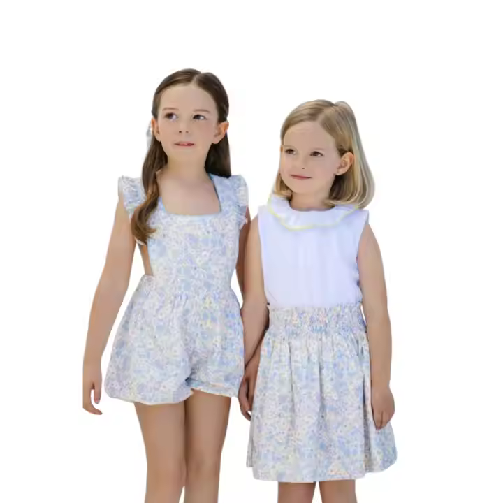 OEM Custom Kids Girls Dress Romper Fashion Baby Clothes Flora Pattern Woven Fabric Ruffle Summer Sleeveless Custom Clothing