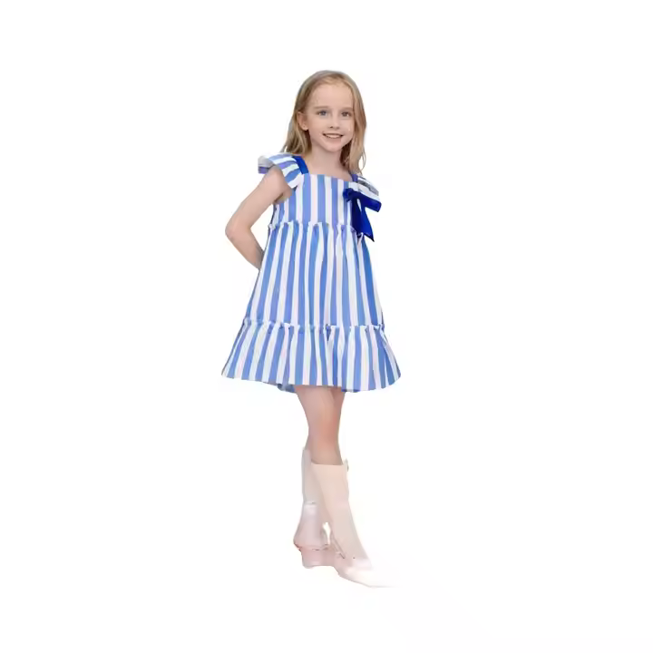 Kids Pinafore dress blue stripe bow tie gathering jacquard cotton styles custom