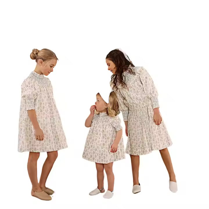 OEM & ODM Fashion Children's Summer Dress Girls' Floral Cotton Smocked Dress Button Closure Casual Style Knee-Length