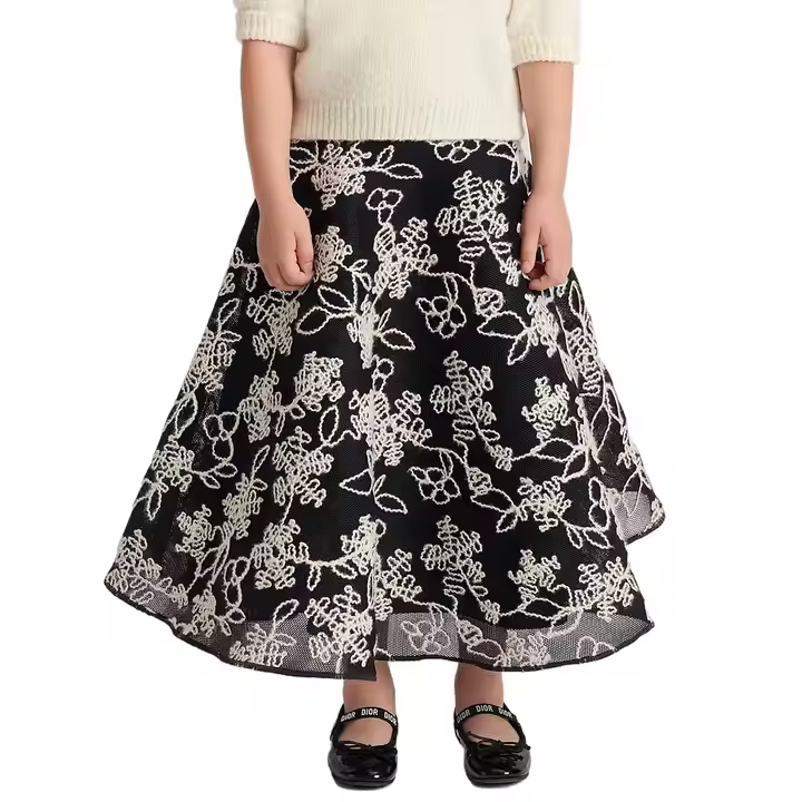 Custom Brand Girls Long Maxi Skirts With White Floral Embroidery Pattern Fashion Elastic Waistband Girls Tutu Mesh Circle Skirts