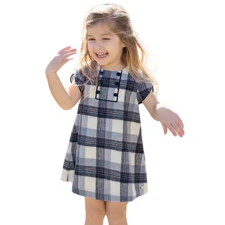 OEM and ODM Fashion New Style Cap Sleeve Girls Dresses Plaid Dress for 2-12 Years Old Children Fall Collection O-Neck Collar