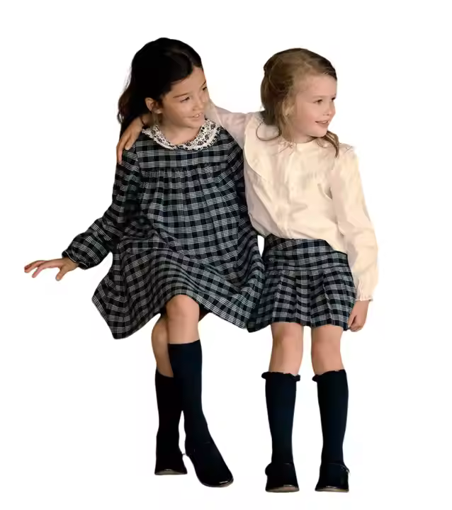 Custom Made Girls Dresses Casual Cotton Plaid Long Sleeve Embroidery Collar Dress for Ages 3-12 Years with Lace Decoration