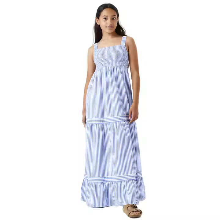 Customizable Blue White Stripe Maxi Dress for Teenage Girls Kids Jumper Dress Smocking Casual Style Woven Summer Sleeveless