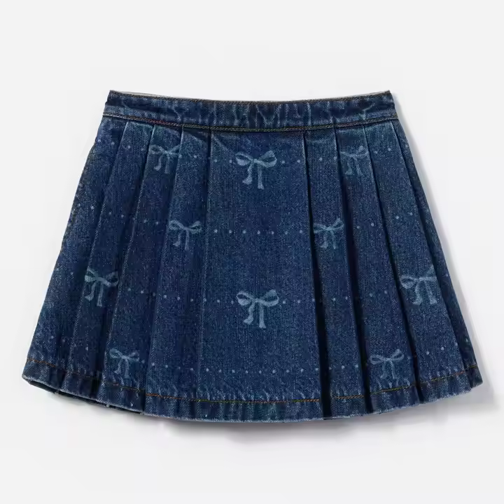 European Style Sweet Cool Girl Bow Tie Printed Denim Fabric Knee-Length Pleated Skirt OEM & ODM Guangzhou Factory