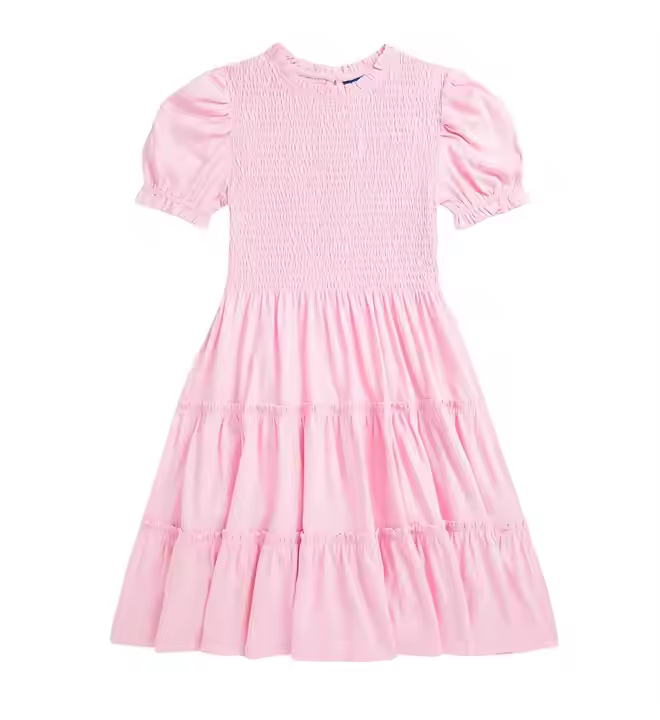 Guangzhou Manufacturer High Quality Short Sleeve Cotton Smocking Multi-layer Dress Girls Summer Clothes
