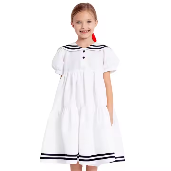 Kids Girls Clothes Navy collar dress embroidery plain white 100% cotton fabric for girls design