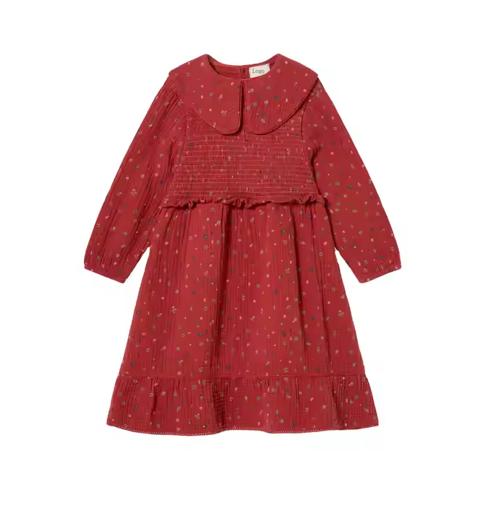 Fashion Style Customized Your Own logo High Quality Crepe Fabric With Smocking Dress Girl Children Clothes
