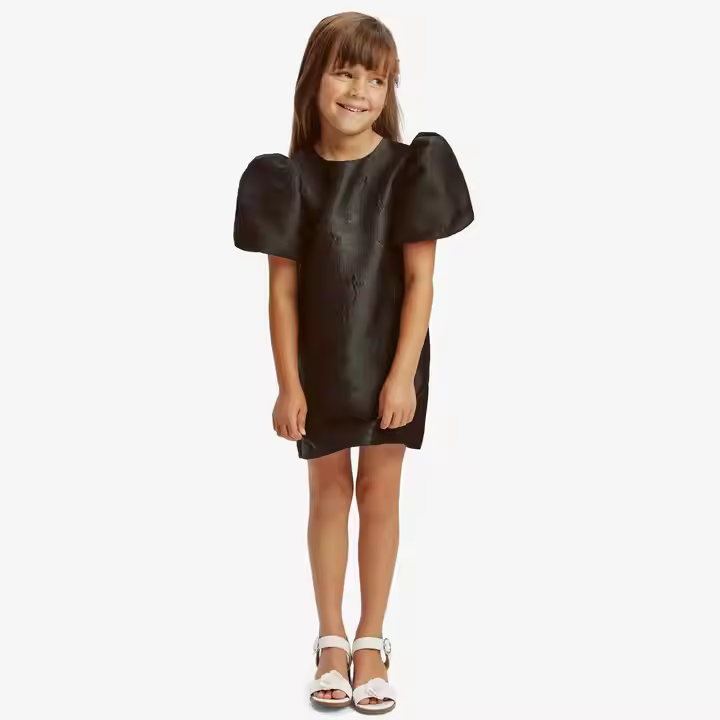 Custom Designed Girls Floral Jacquard Dress with Puffy Short Sleeves Holiday Black Style and Button Decoration for Children