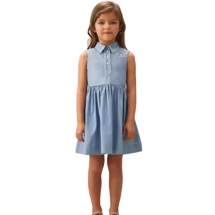 OEM & ODM Kids Girls Clothes Cotton Fabric Turn Down Collar Sleeveless Dress With Embroidery Unique Design Casual Dress Girl