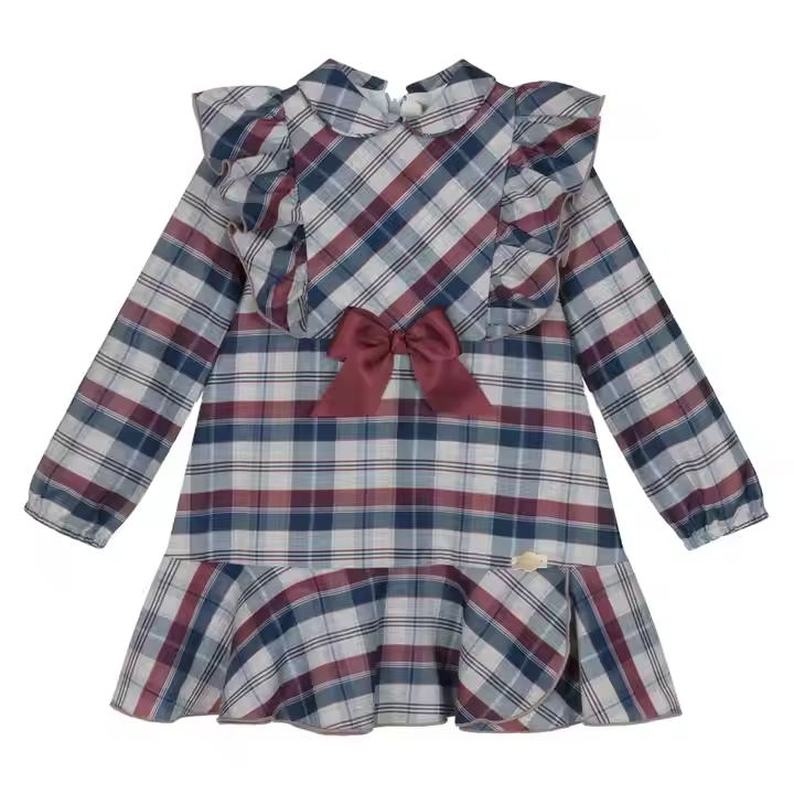 Guangzhou Supplier Custom Kids Girls Dress With Satin Bow Decoration Plaid Cotton Fabric Children Dress Summer