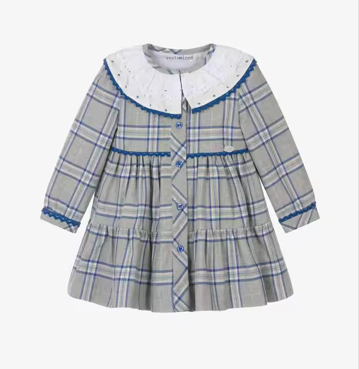 Guangzhou Manufacturer Custom Kids Girls Dress With Lace Trim Decoration Plaid Cotton Fabric Summer Dress New Design