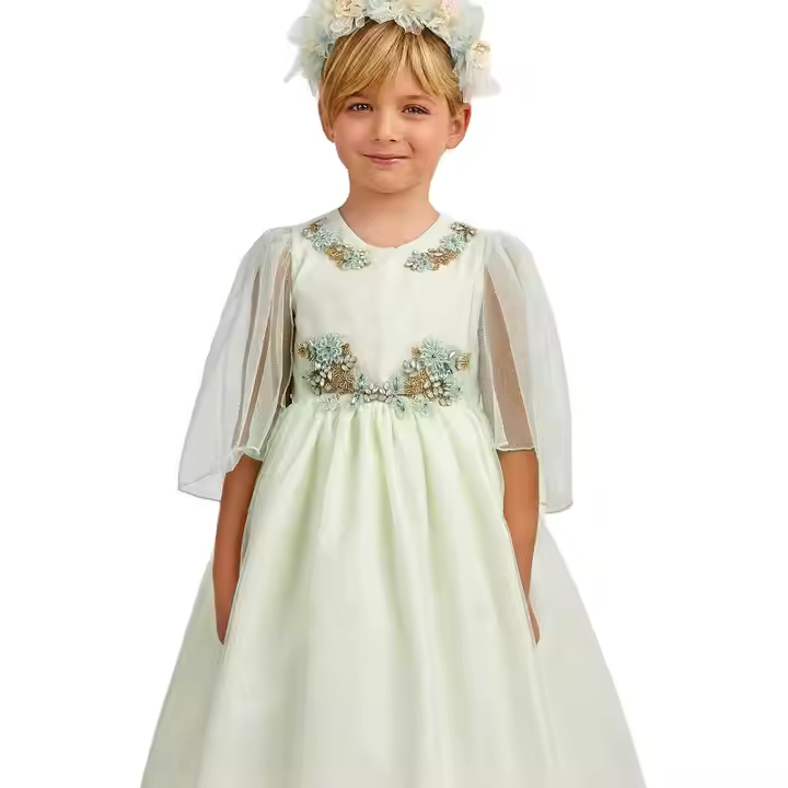 OEM Beautiful Little Queen Girl Children Tulle Dresses Short Sleeve Princess Clothes Party Custom Kids Dress