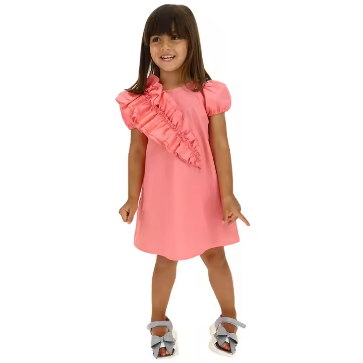 Guangzhou Fashion Cotton Woven Peach Color Toddler Dress for Kids Girl Summer Short Puffy Sleeve Children Dress With Ruffle