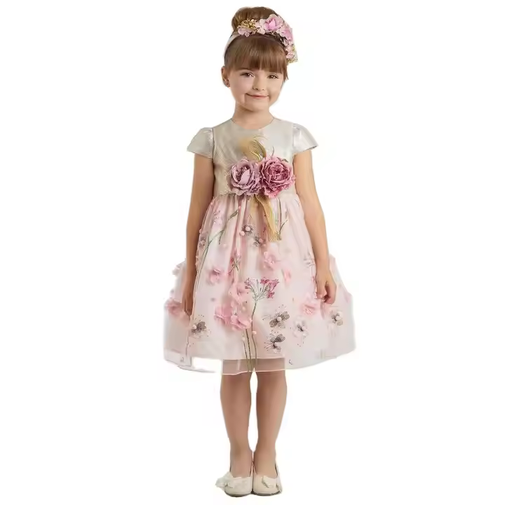Custom Elegant Short Sleeve Flower Kids Girls' Party Dress pink Color Party Dresses for Girls