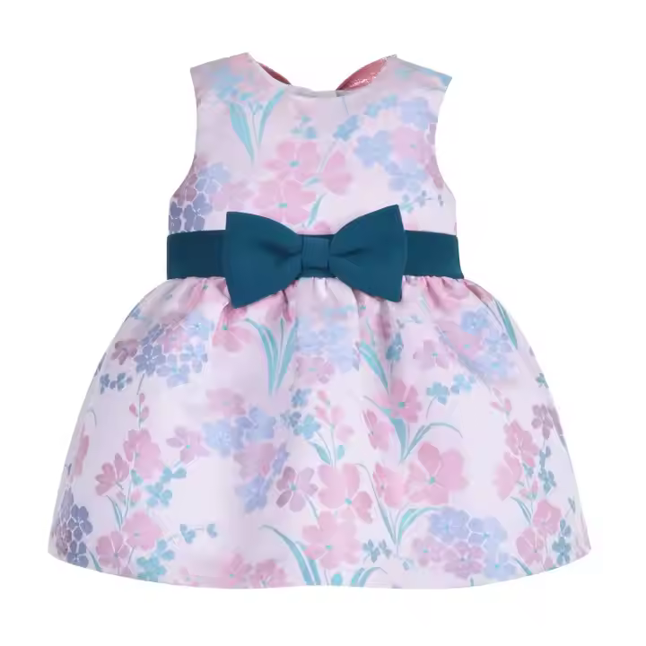Guangzhou Summer Girls Dress Lovely Baby Satin Dress for Kids with Bow Floral Pattern ODM Supply for Children