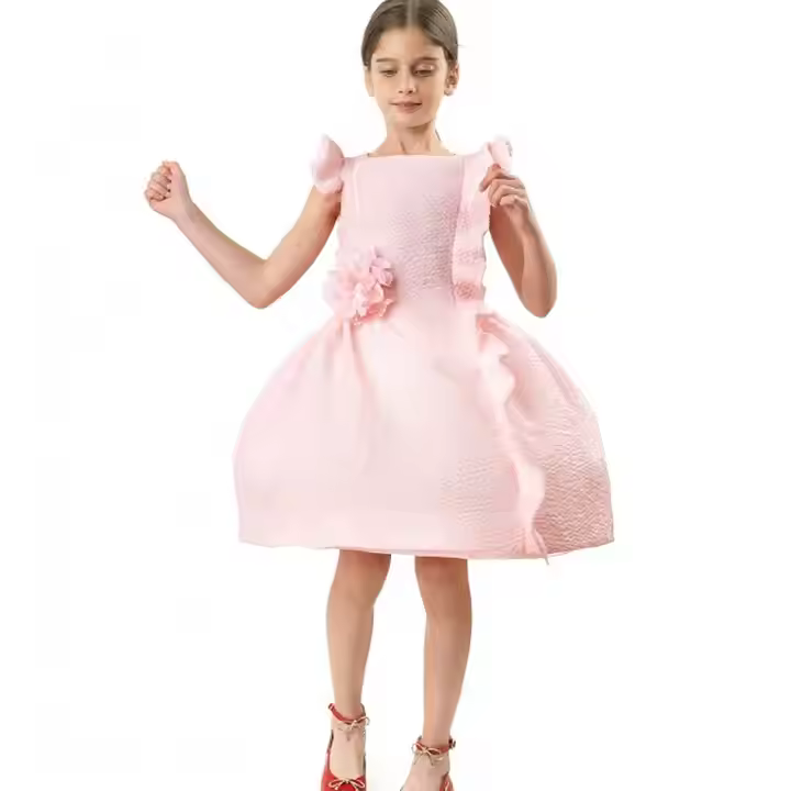 Pink Color Knee Length Formal High Quality Kids Party Dress Best Price Flower Girls' Dresses