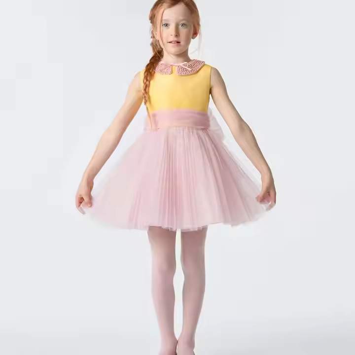 Stylish High End New Design Baby Girl Dress Sleeveless pink and Yellow Tulle Party Kids Clothes Girls Dresses