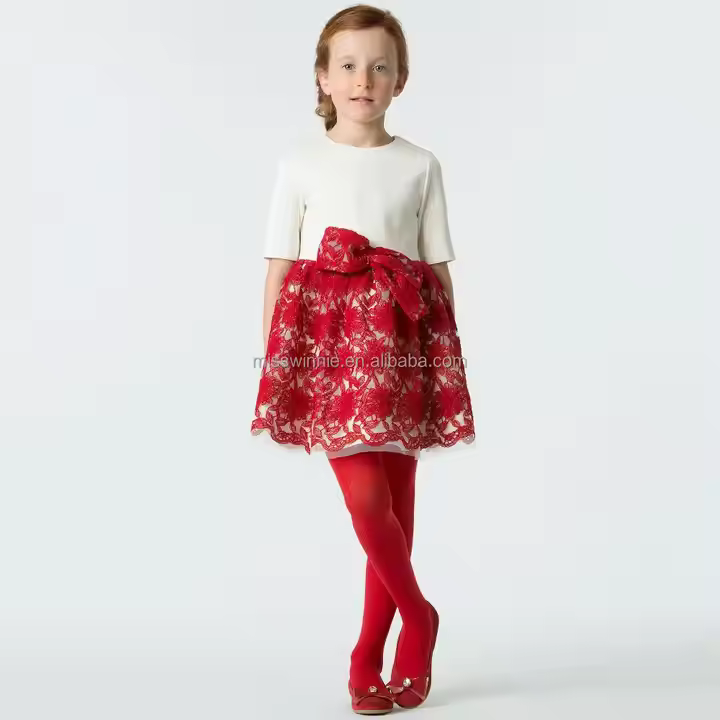 Guangzhou Wholesale New Spring European Style Solid Pattern Red Lace Dress for Girls Formal Knee-Length Dress for Children