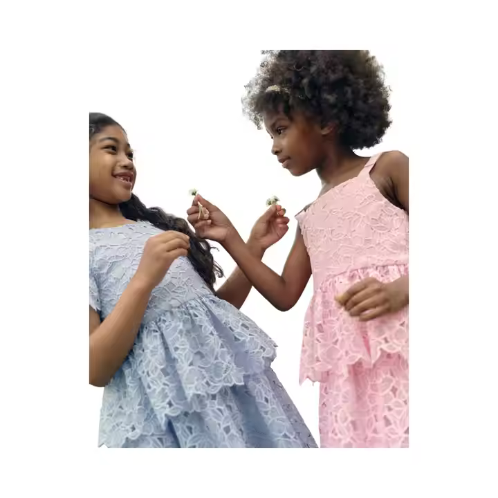 Floral Lace Hollow Tiered Dress Strap Dress for Kids Sisters Series Set Dress Fashion Design