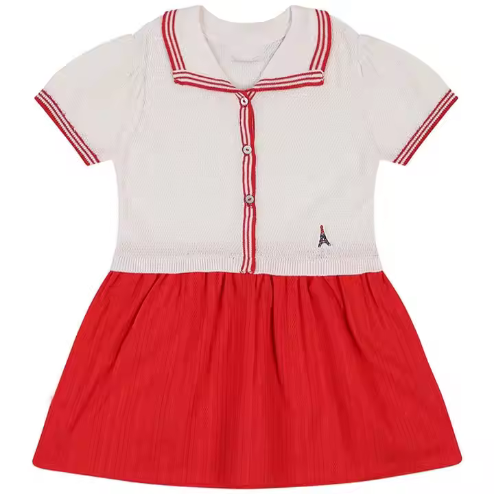 OEM Custom Kids Girls Dress Fashion Baby Clothes Red White Solid Pattern Woven Fabric Pleated Summer Sleeve Custom Clothing