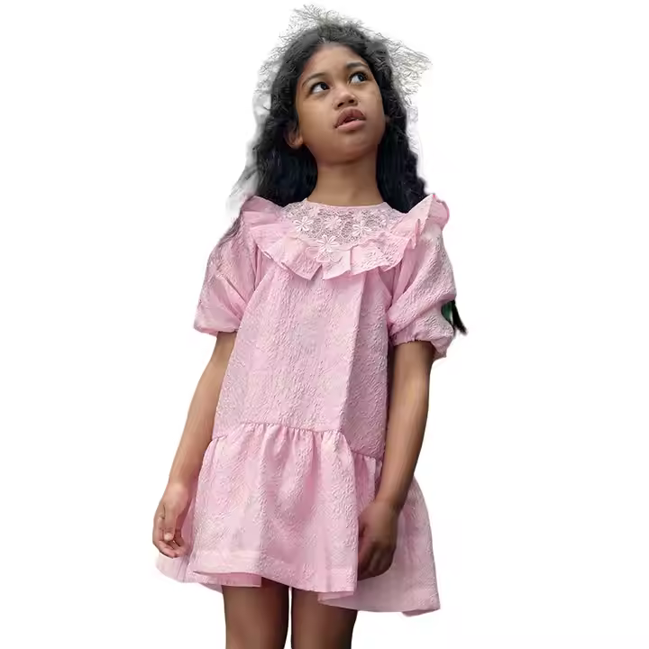 Guangzhou Brand New Design Girls Dress Summer Cotton Polyester Blend Crepe Solid Pattern Baby Dresses for Children