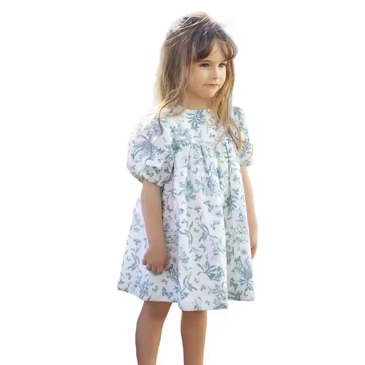 Guangdong Custom OEM Summer Blue Kids Dresses With Puffy Sleeves Allover Print Casual Dresses for Girls O-Neck Collar