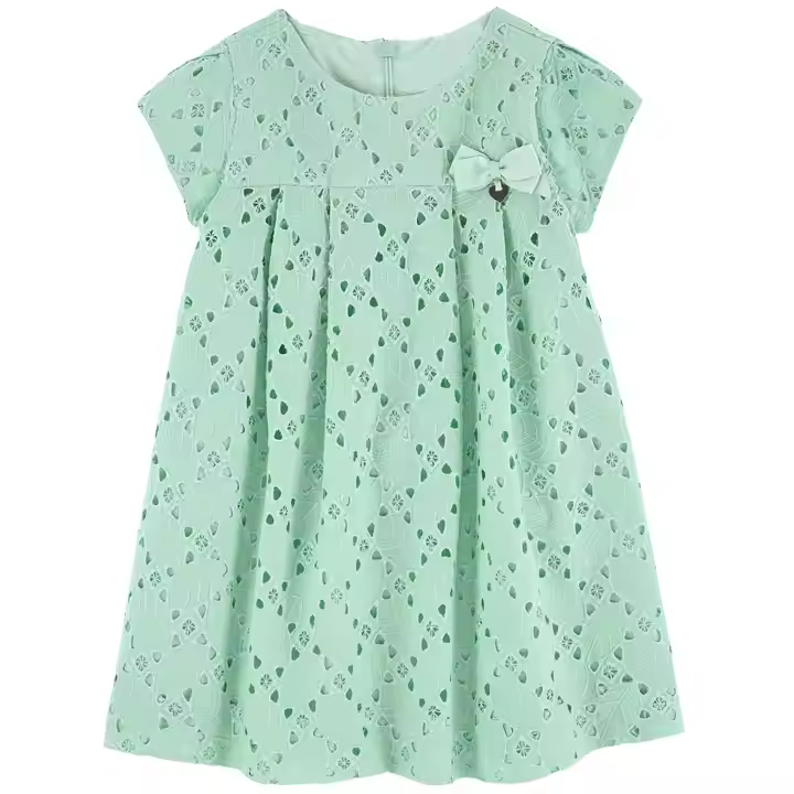 Customized Brand Cotton Hollow Out Girls Dresses O-Neck Casual Style for Spring Latest A-Line Frocks Design for Children