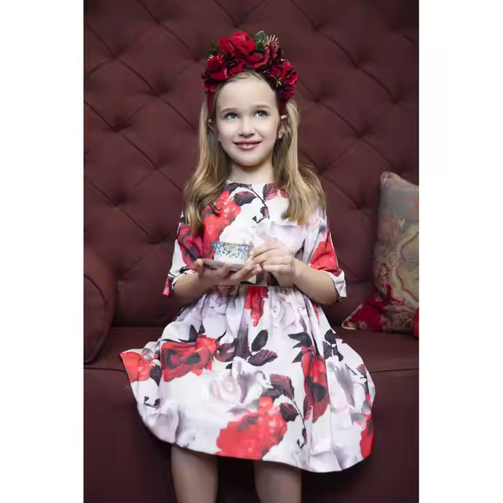 Floral Print Woven Cotton Red Designer One Piece Girls Party Dresses